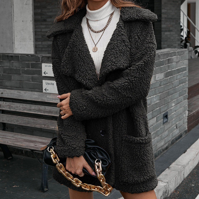 Single Breasted Bubble Fleece Jacket Loose Lapel Lamb Fleece Trench Coat - AMAZEALL