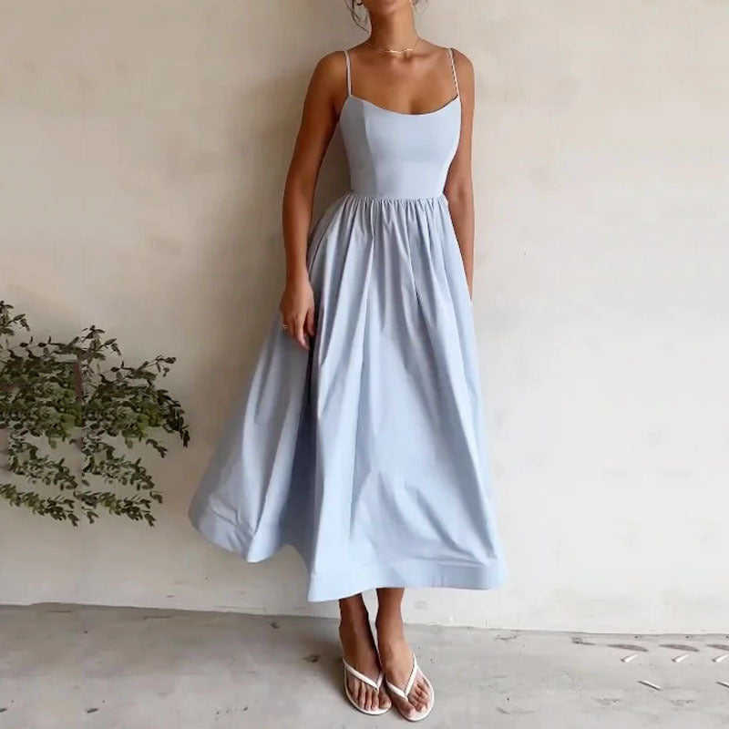 Women's Solid Color Printing Fresh Sweet Sexy Suspender Dress - AMAZEALL