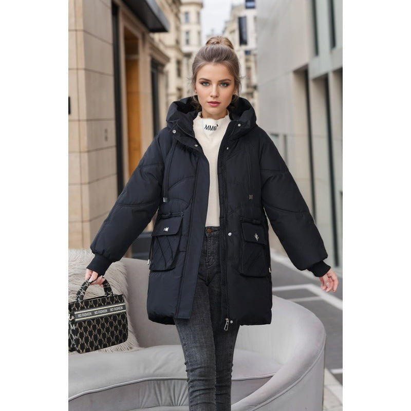Winter Warm Hooded Coat With Pockets Fashion Solid Color Thicken Straight Cotton Jacket For Women Outerwear Clothing - AMAZEALL