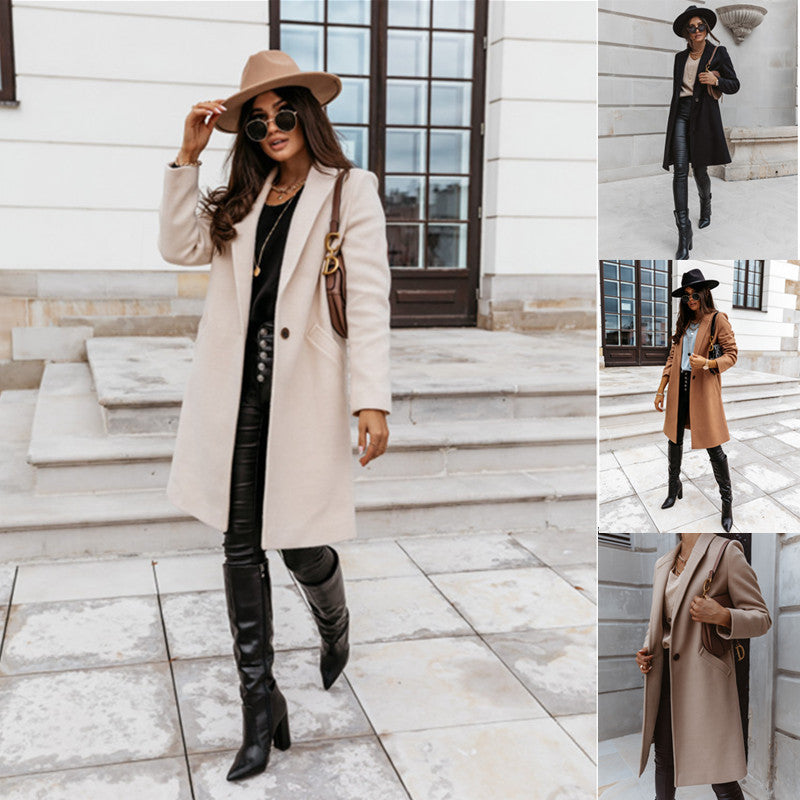 Solid Color Lapel Mid Length Button Wool Coat - AMAZEALL