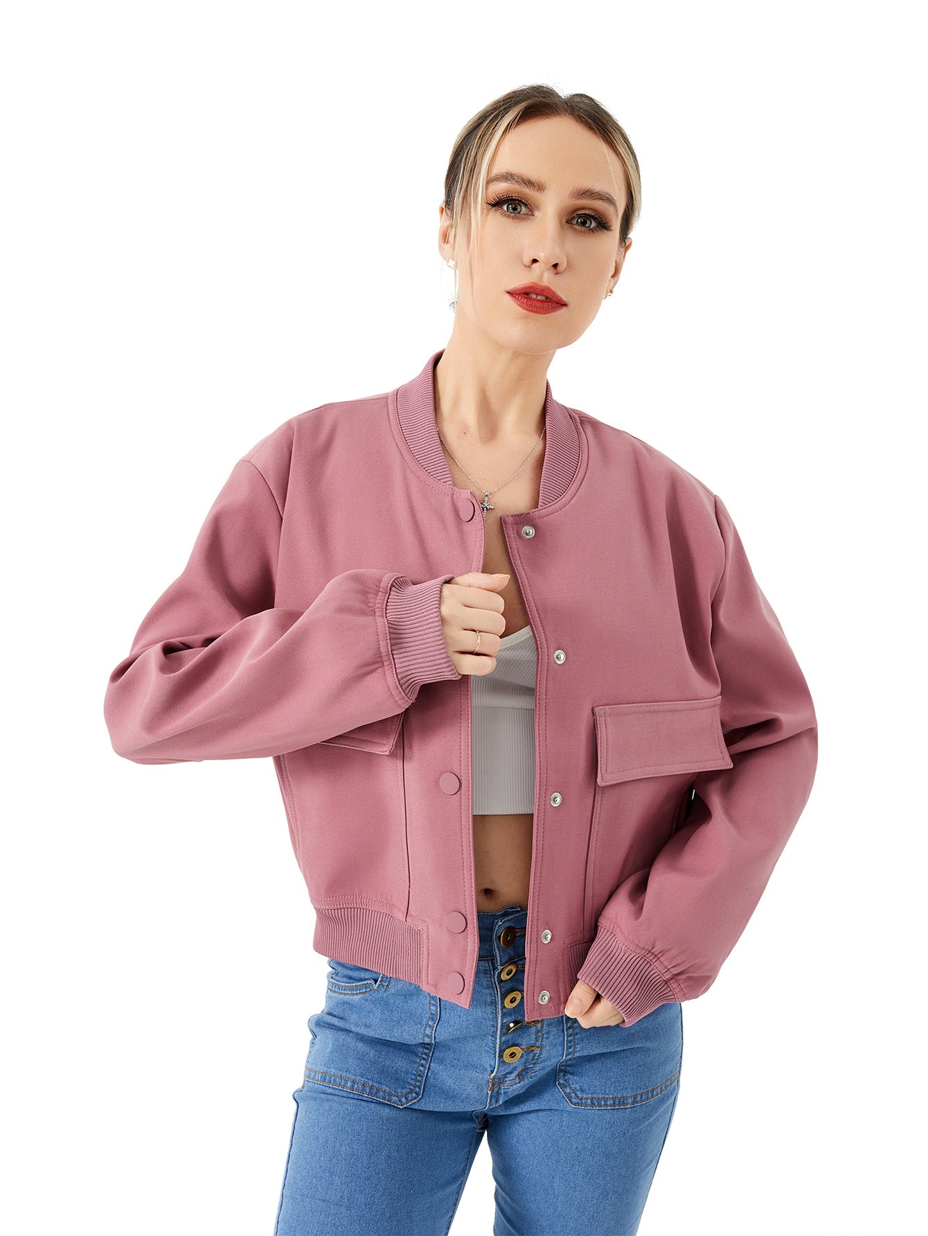 Women's Lightweight Cropped Bomber Jacket Casual Long Sleeve Varsity Jacket With Pocket Fashion Y2k Jacket Streetwear - AMAZEALL