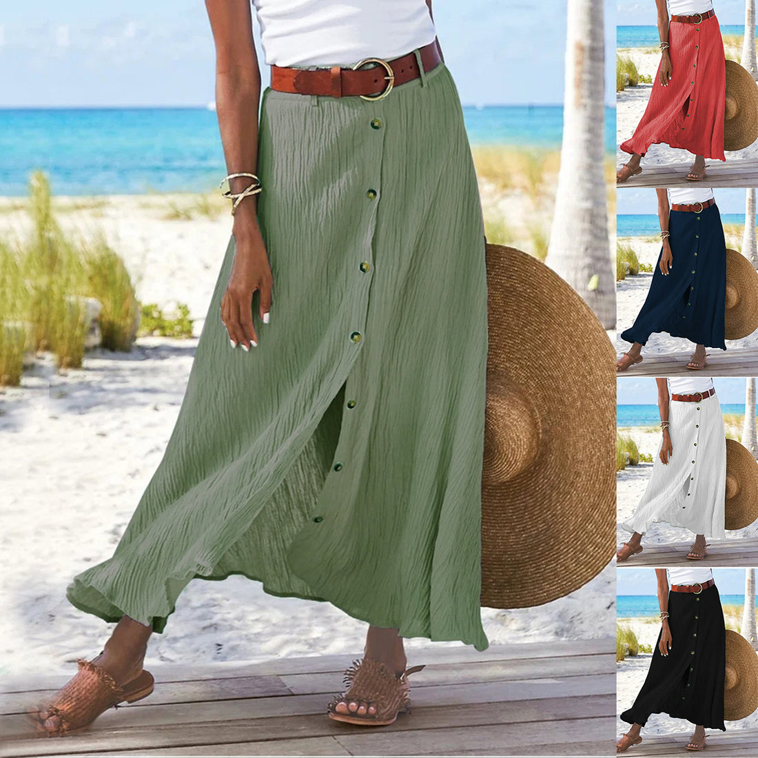 Women's Fashion Cotton Linen A-Line Hip Mid Waist Long Skirt - AMAZEALL