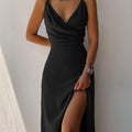 V-neck Slip Dress Low Cut Printed Slit Dress - AMAZEALL
