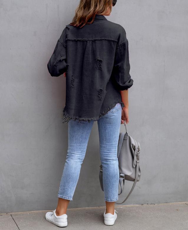Women's Oversized Frayed Lightweight Denim Jacket Button Down Ripped Distressed Jean Shacket - AMAZEALL