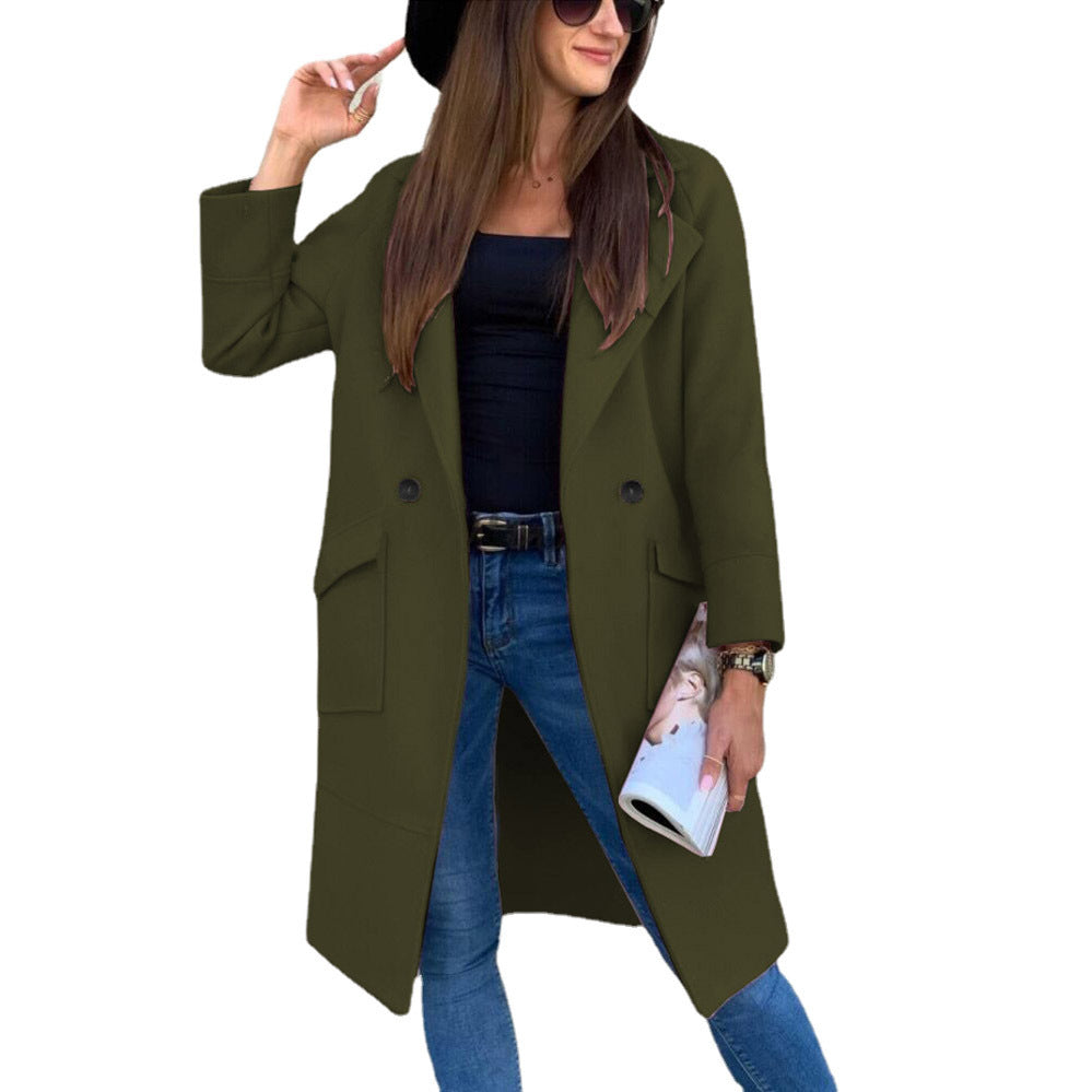 Autumn And Winter Solid Color Long-sleeved Suit Collar Button Pocket Wool Coat - AMAZEALL