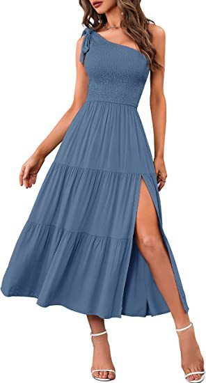New Summer Fashion Women's One-shoulder Pleated Layered Hem Split Dress - AMAZEALL