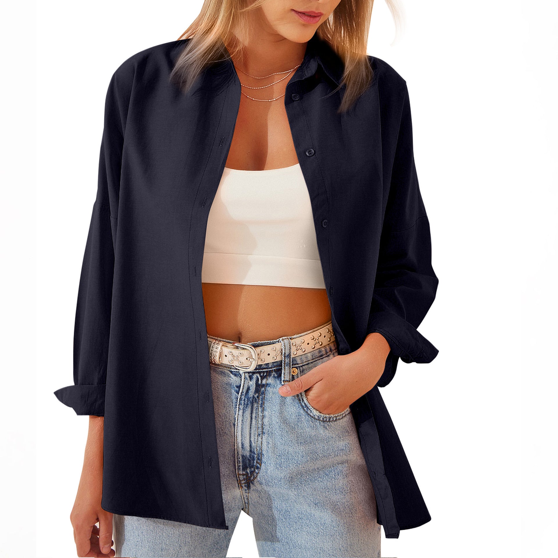 Women's Shirt Jacket Long Sleeve Blouse Button Down Tops Candy Color Shirt - AMAZEALL