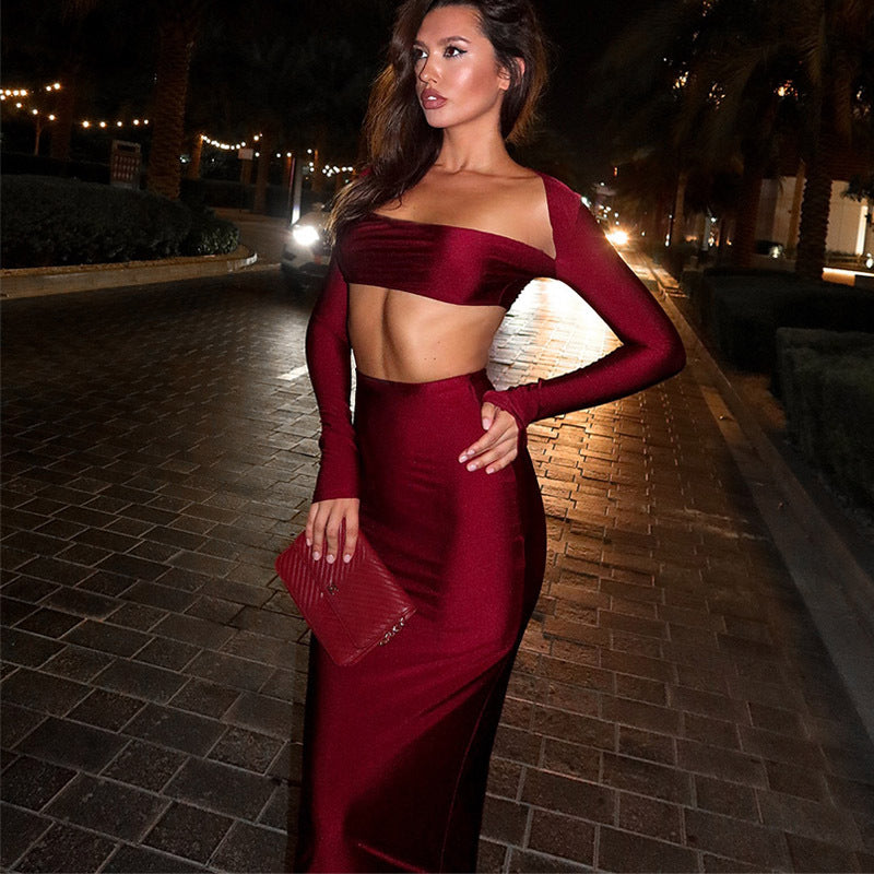 European and American long sleeved long skirt set, strapless short top, high waist, hip hugging skirt, sexy and spicy two-piece set - AMAZEALL