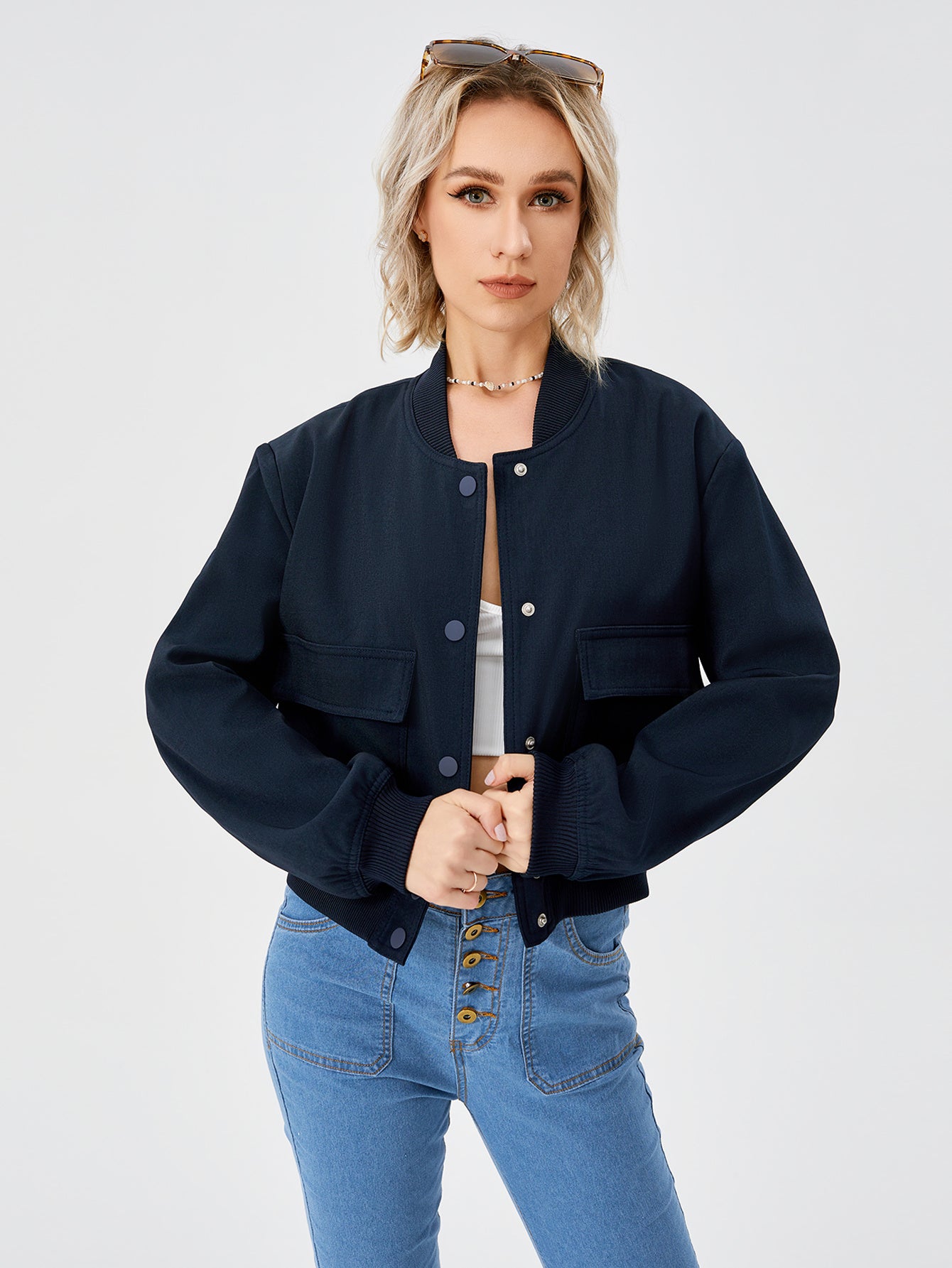 Women's Lightweight Cropped Bomber Jacket Casual Long Sleeve Varsity Jacket With Pocket Fashion Y2k Jacket Streetwear - AMAZEALL
