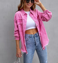 Women's Oversized Frayed Lightweight Denim Jacket Button Down Ripped Distressed Jean Shacket - AMAZEALL