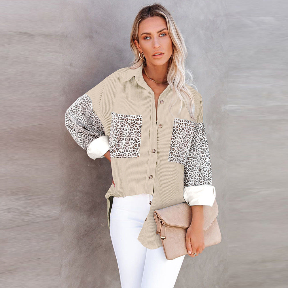 Leopard Print Women's Shirt Lapel Pit Strip Casual Jacket - AMAZEALL