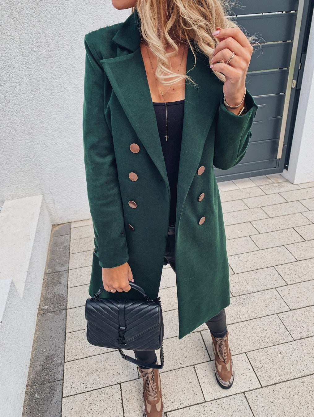Autumn And Winter Solid Color Long-sleeved Double-breasted Mid-length Woolen Top Coat - AMAZEALL