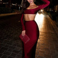 European and American long sleeved long skirt set, strapless short top, high waist, hip hugging skirt, sexy and spicy two-piece set - AMAZEALL