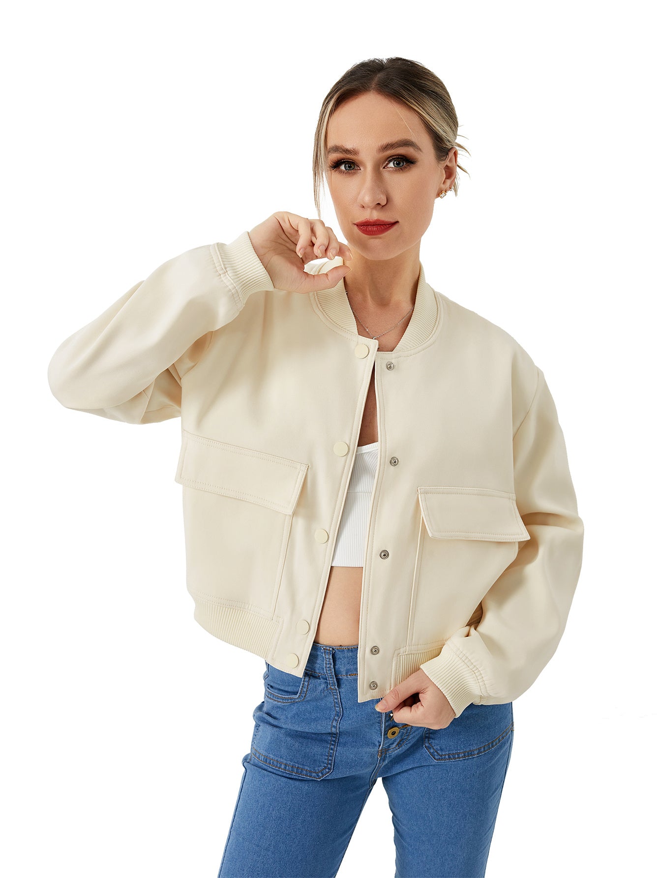 Women's Lightweight Cropped Bomber Jacket Casual Long Sleeve Varsity Jacket With Pocket Fashion Y2k Jacket Streetwear - AMAZEALL