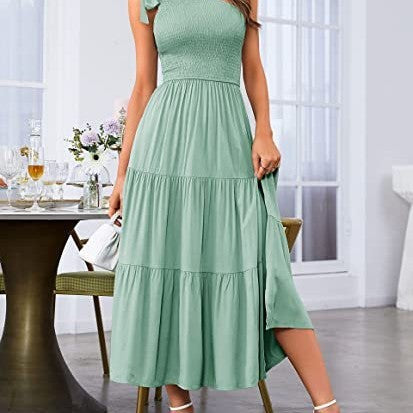 New Summer Fashion Women's One-shoulder Pleated Layered Hem Split Dress - AMAZEALL