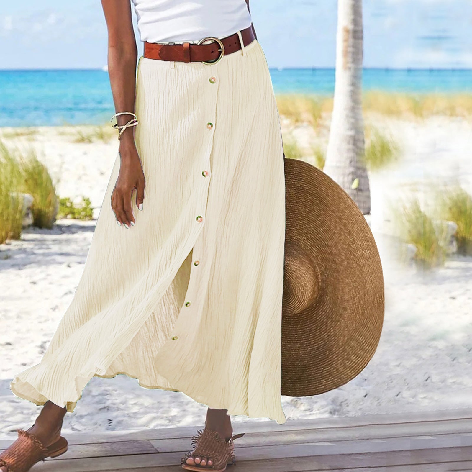 Women's Fashion Cotton Linen A-Line Hip Mid Waist Long Skirt - AMAZEALL