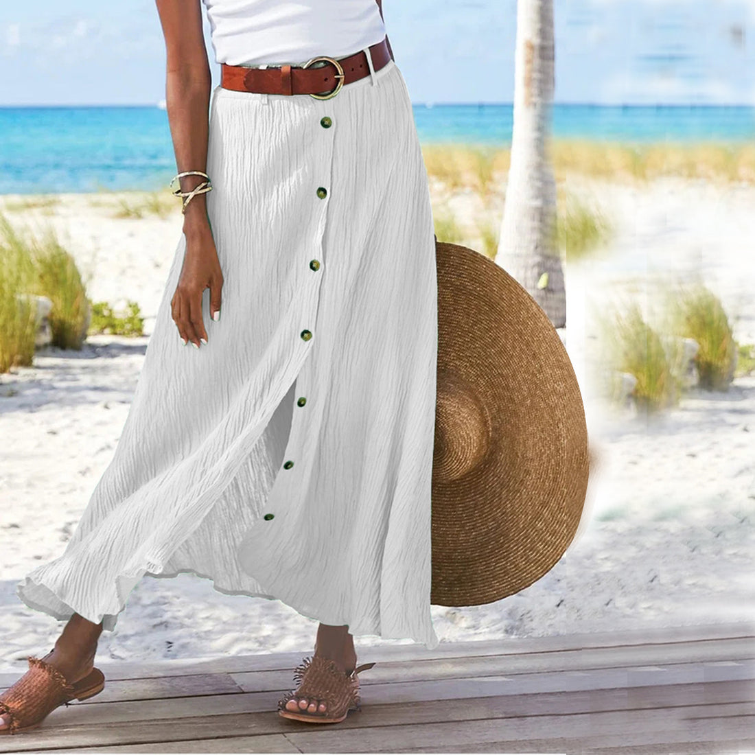 Women's Fashion Cotton Linen A-Line Hip Mid Waist Long Skirt - AMAZEALL