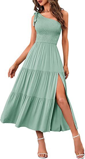 New Summer Fashion Women's One-shoulder Pleated Layered Hem Split Dress - AMAZEALL