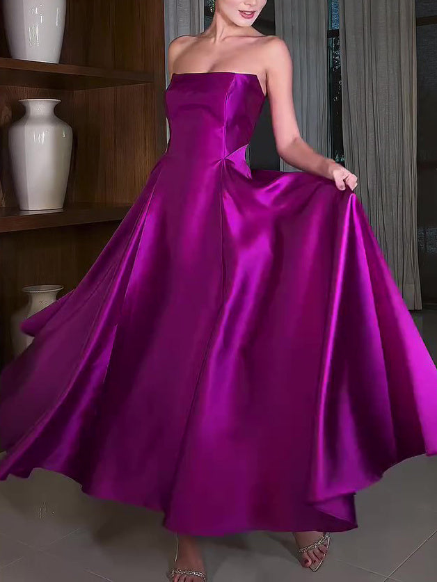 Satin Tube Top Full Skirt Dress - AMAZEALL