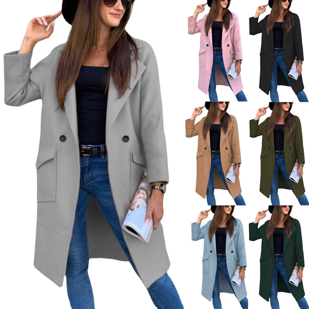 Autumn And Winter Solid Color Long-sleeved Suit Collar Button Pocket Wool Coat - AMAZEALL