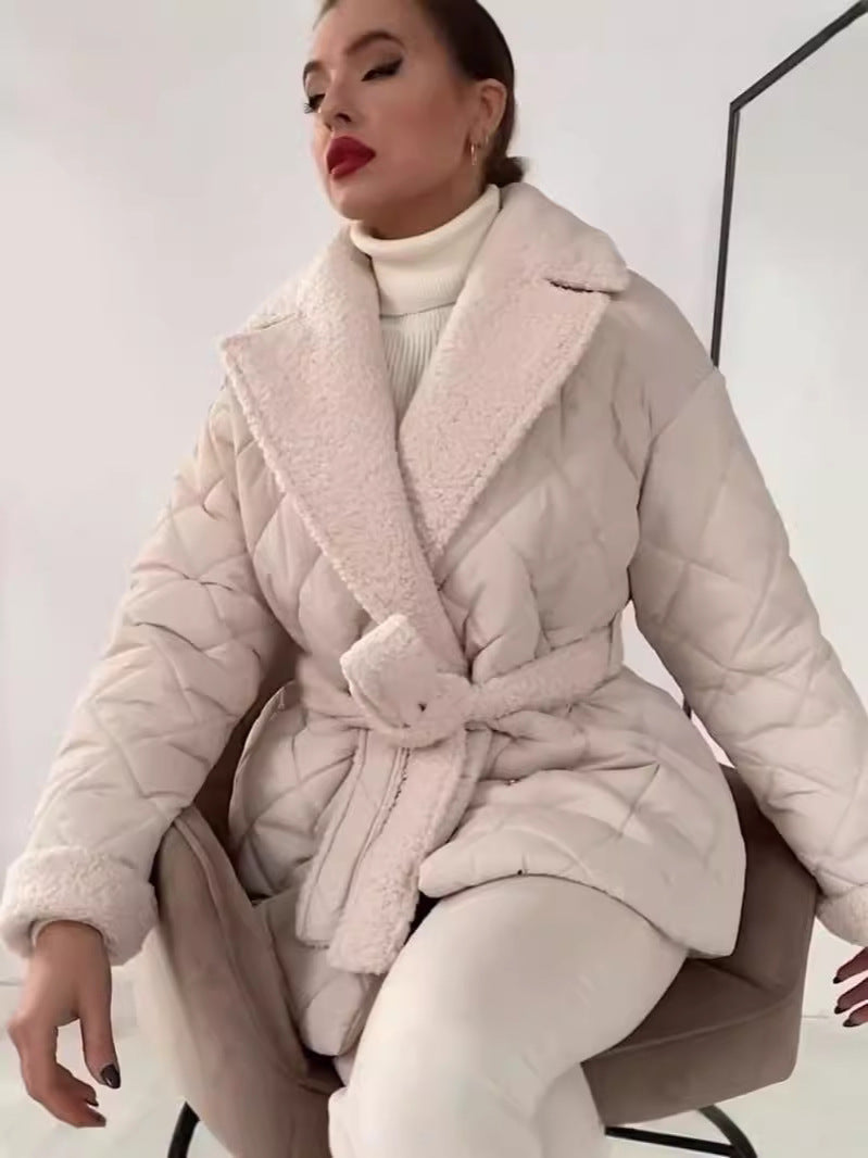 Winter Lapel Plaid Coat Fashion All-match Waist-tied Design Coat For Women Outwear Clothing - AMAZEALL