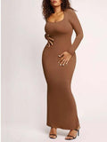 Round Neck Sleeved Slim Fitting Long Dress - AMAZEALL