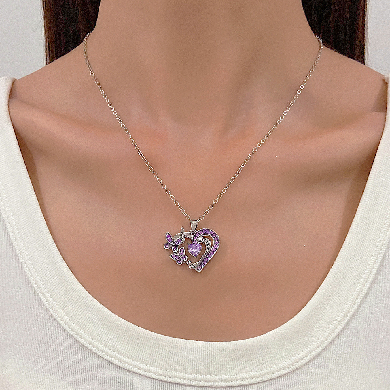 Ins Butterfly Love Necklace With Rhinestones Fashion Personality Hollow Heart-shaped Clavicle Chain Pendant Necklace For Valentine's Day - AMAZEALL