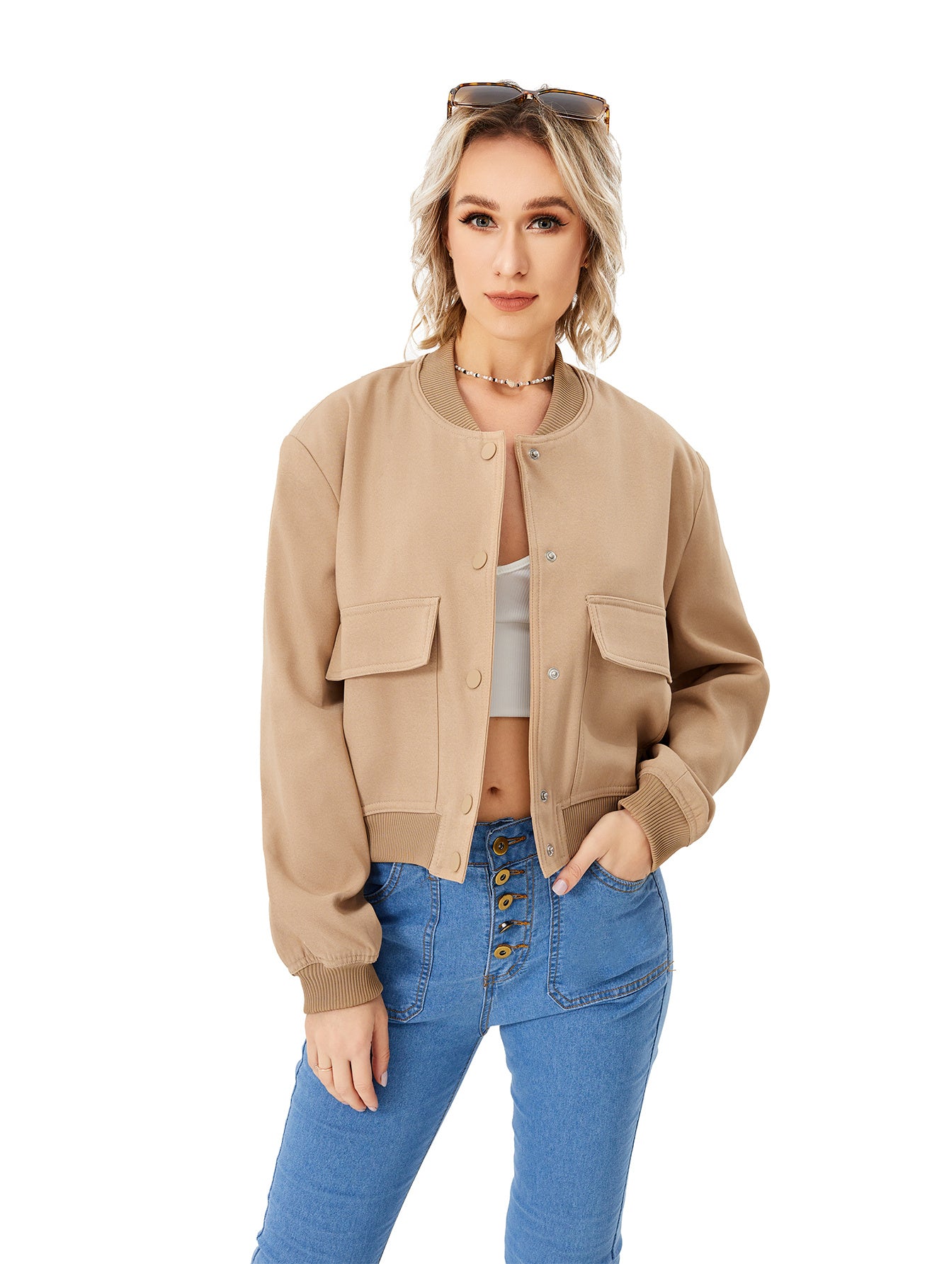 Women's Lightweight Cropped Bomber Jacket Casual Long Sleeve Varsity Jacket With Pocket Fashion Y2k Jacket Streetwear - AMAZEALL