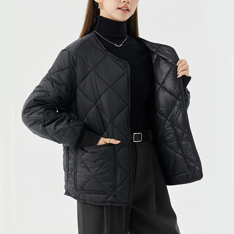 New Rhombus Sewing Cotton Coat Winter Warm Round-neck Jacket With Pockets Lightweight Outerwear For Women's Clothing - AMAZEALL