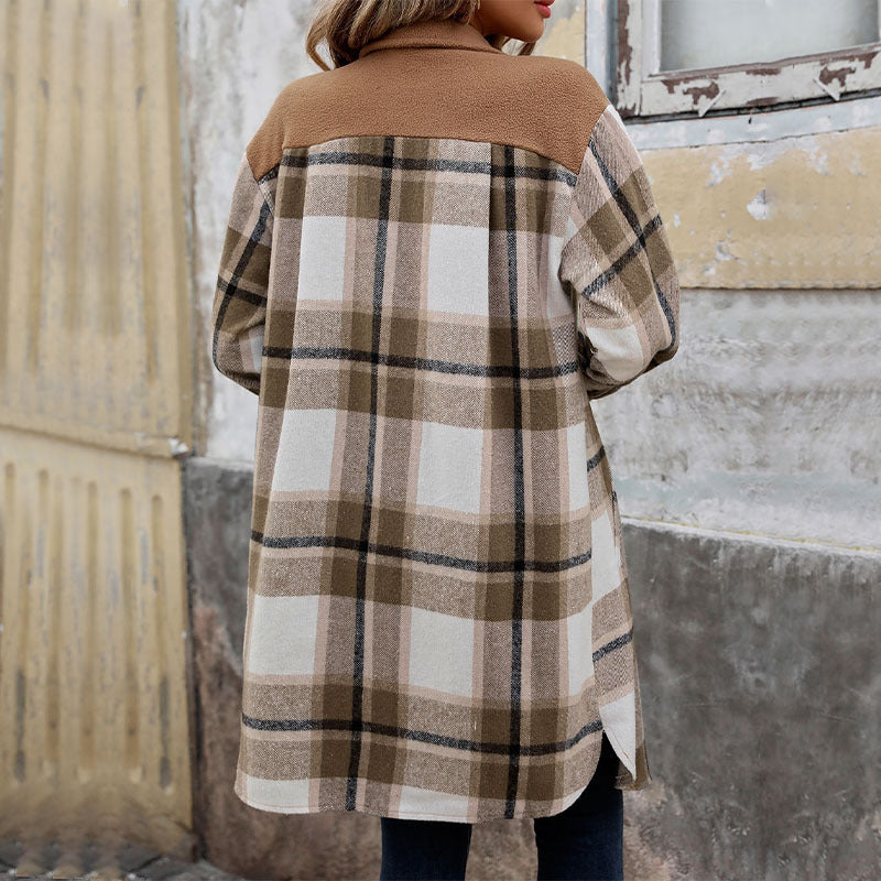 New Brushed Plaid Long Coat With Pockets Fashion Winter Jacket Outwear Women's Clothing - AMAZEALL
