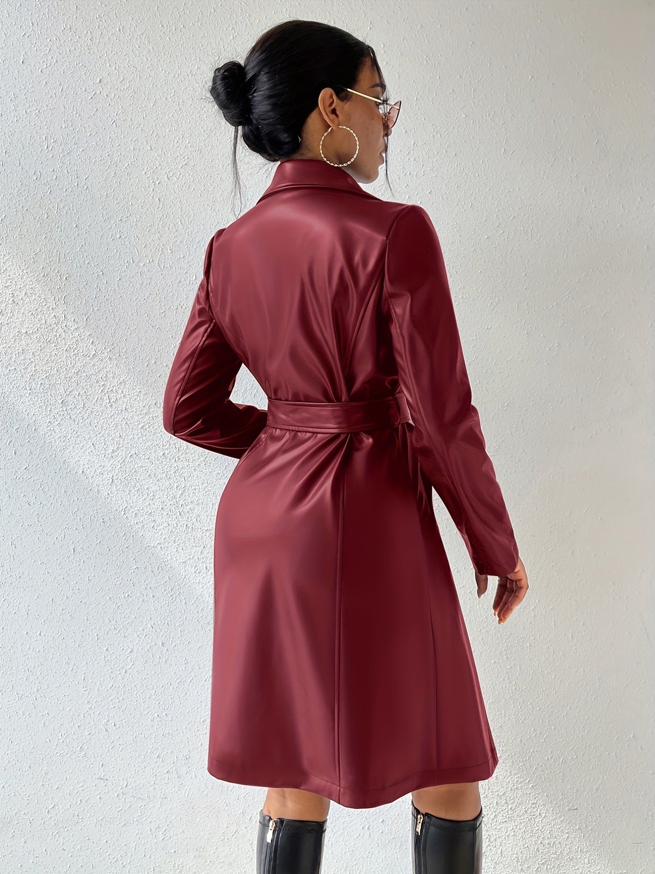 Long Sleeve Lapel PU Leather Jacket With Pockets Slim Fit Long Trench Coat Women's Clothing - AMAZEALL