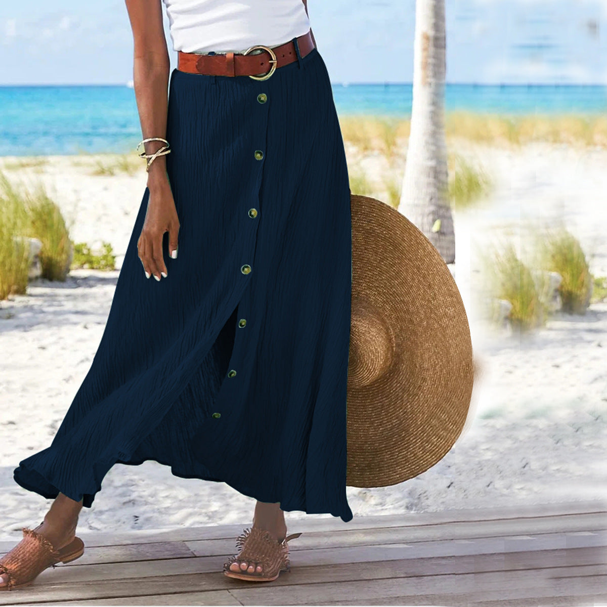 Women's Fashion Cotton Linen A-Line Hip Mid Waist Long Skirt - AMAZEALL