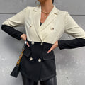 New Black And White Patchwork Button Long Sleeve Mid Length Suit Top - AMAZEALL