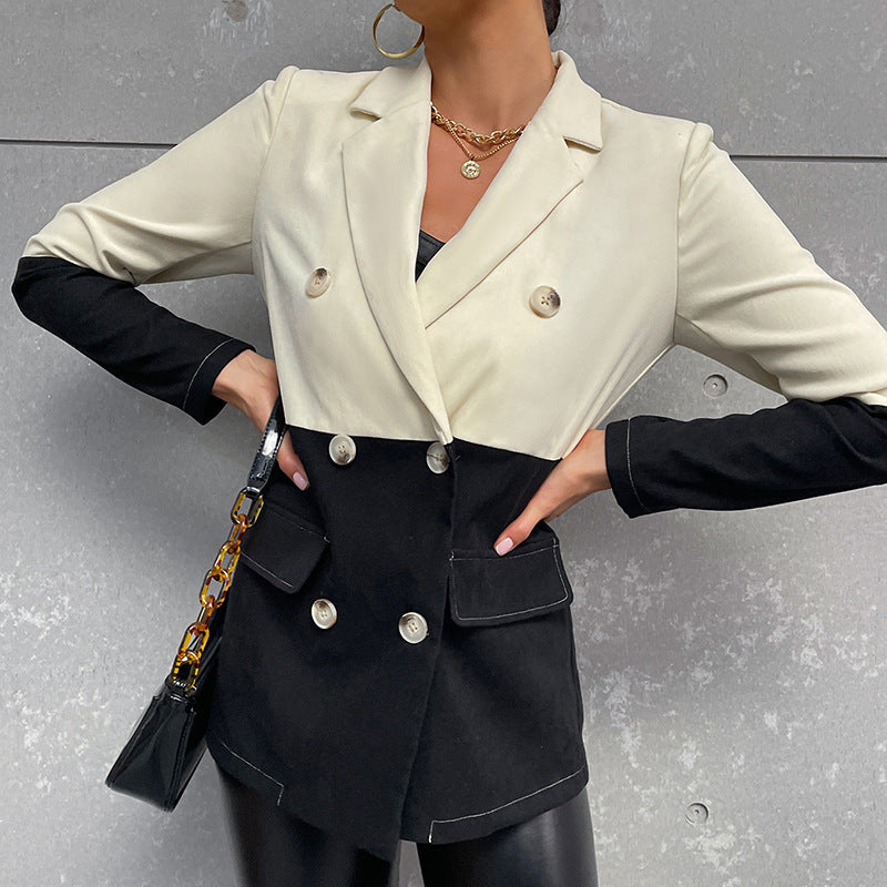 New Black And White Patchwork Button Long Sleeve Mid Length Suit Top - AMAZEALL