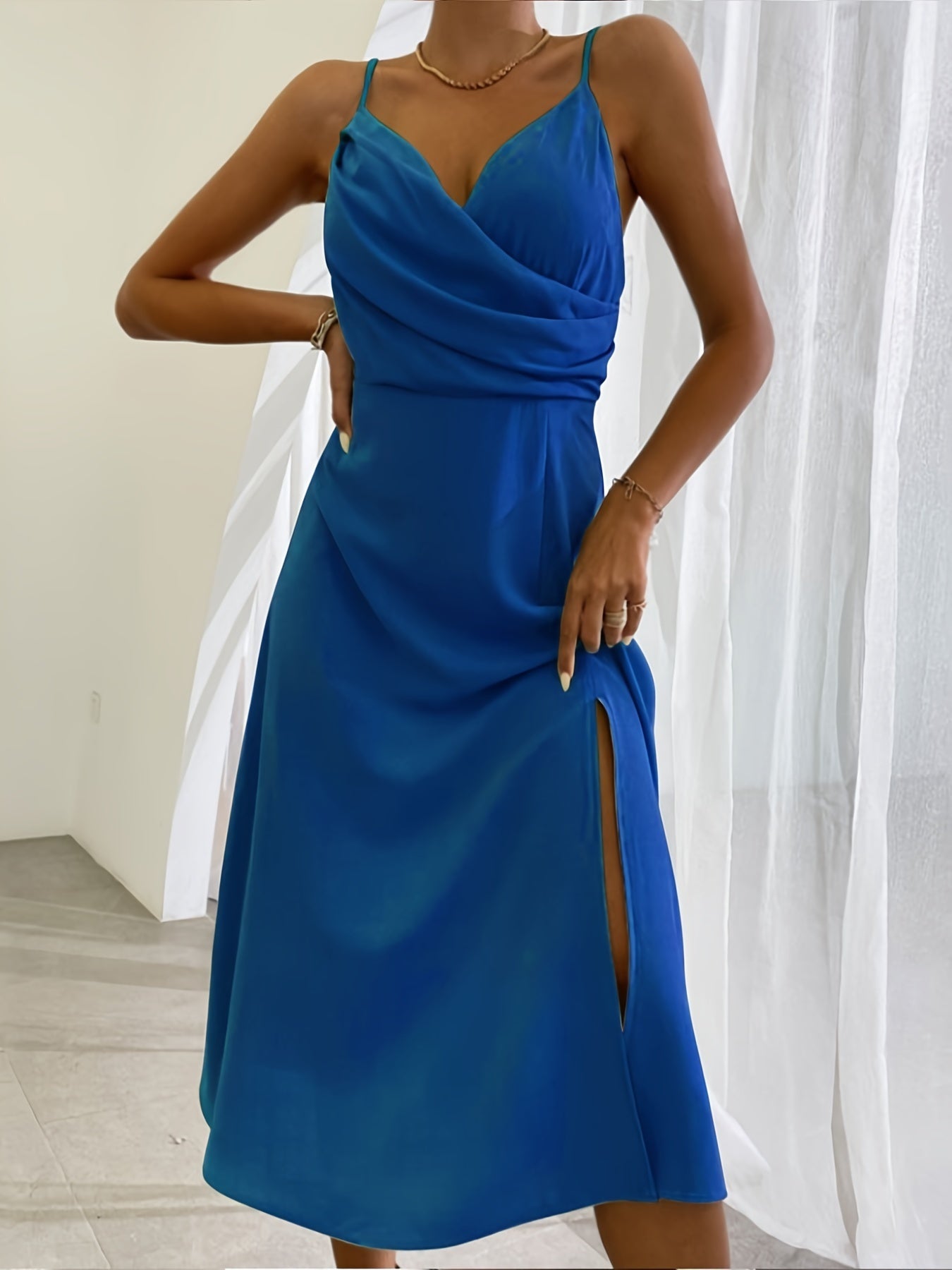 V-neck Slip Dress Low Cut Printed Slit Dress - AMAZEALL