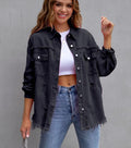 Women's Oversized Frayed Lightweight Denim Jacket Button Down Ripped Distressed Jean Shacket - AMAZEALL