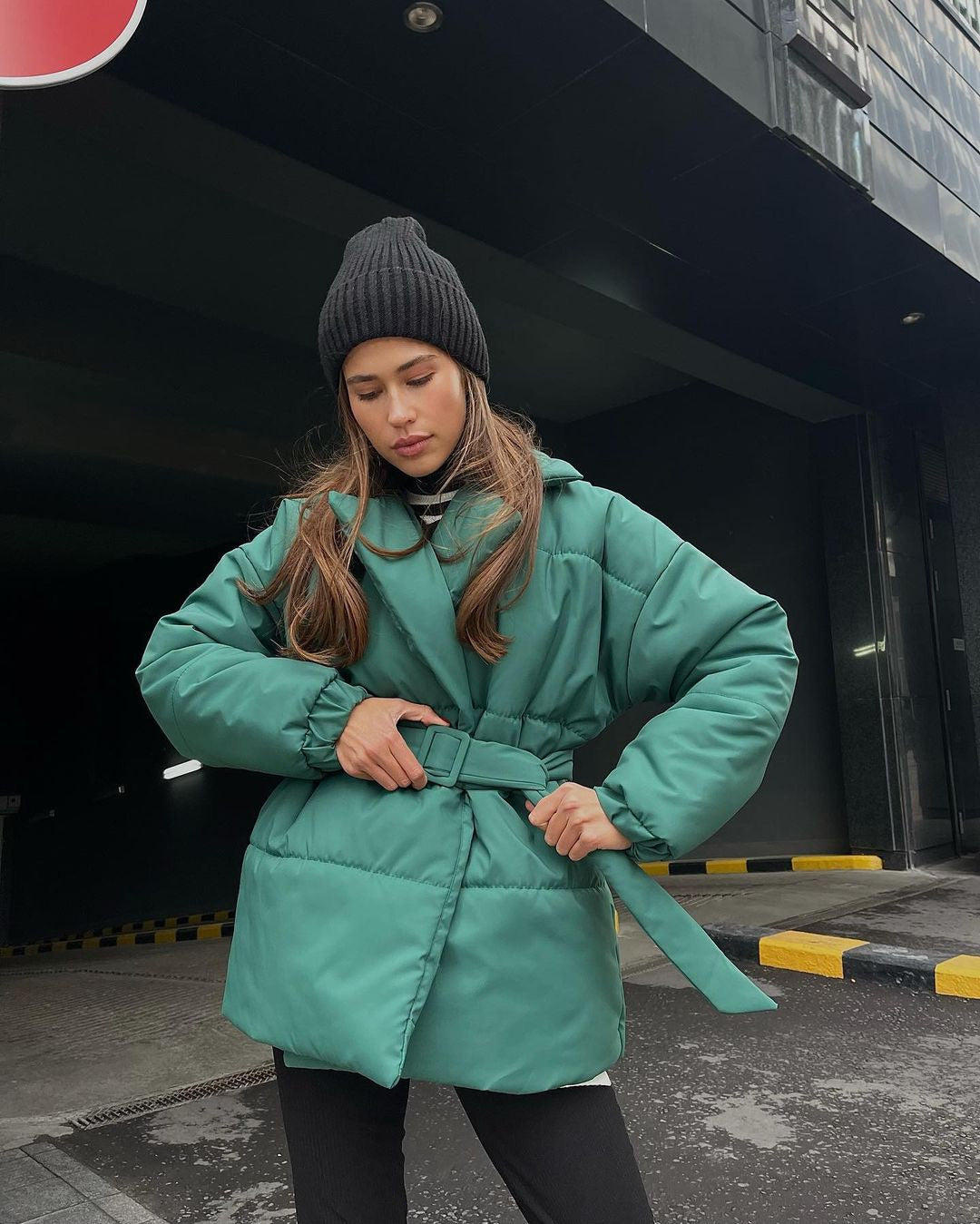 Winter Lapel Waisted Cotton Coat Fashion Solid Color Slim Overcoat Womens Clothing - AMAZEALL
