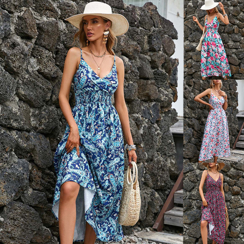 Fashionable Deep V Printed Slip Dress Summer - AMAZEALL