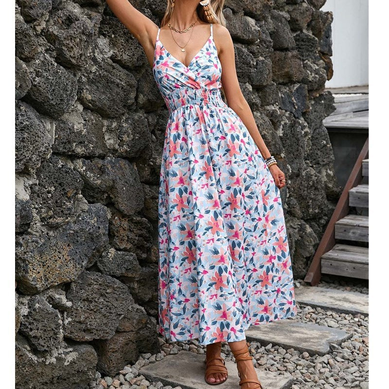 Fashionable Deep V Printed Slip Dress Summer - AMAZEALL