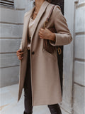 Solid Color Lapel Mid Length Button Wool Coat - AMAZEALL