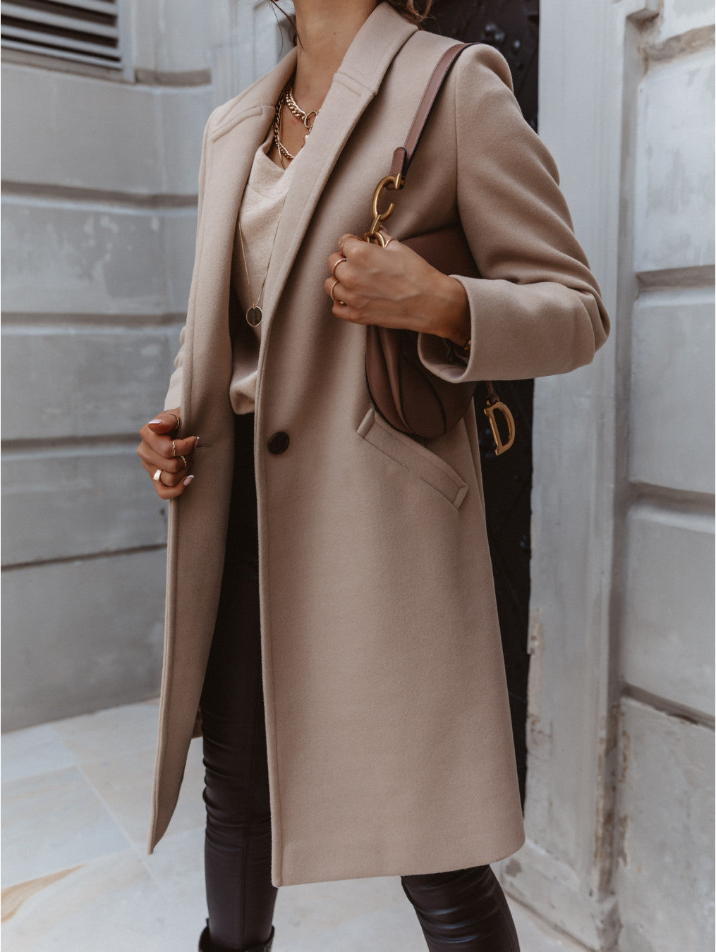 Solid Color Lapel Mid Length Button Wool Coat - AMAZEALL