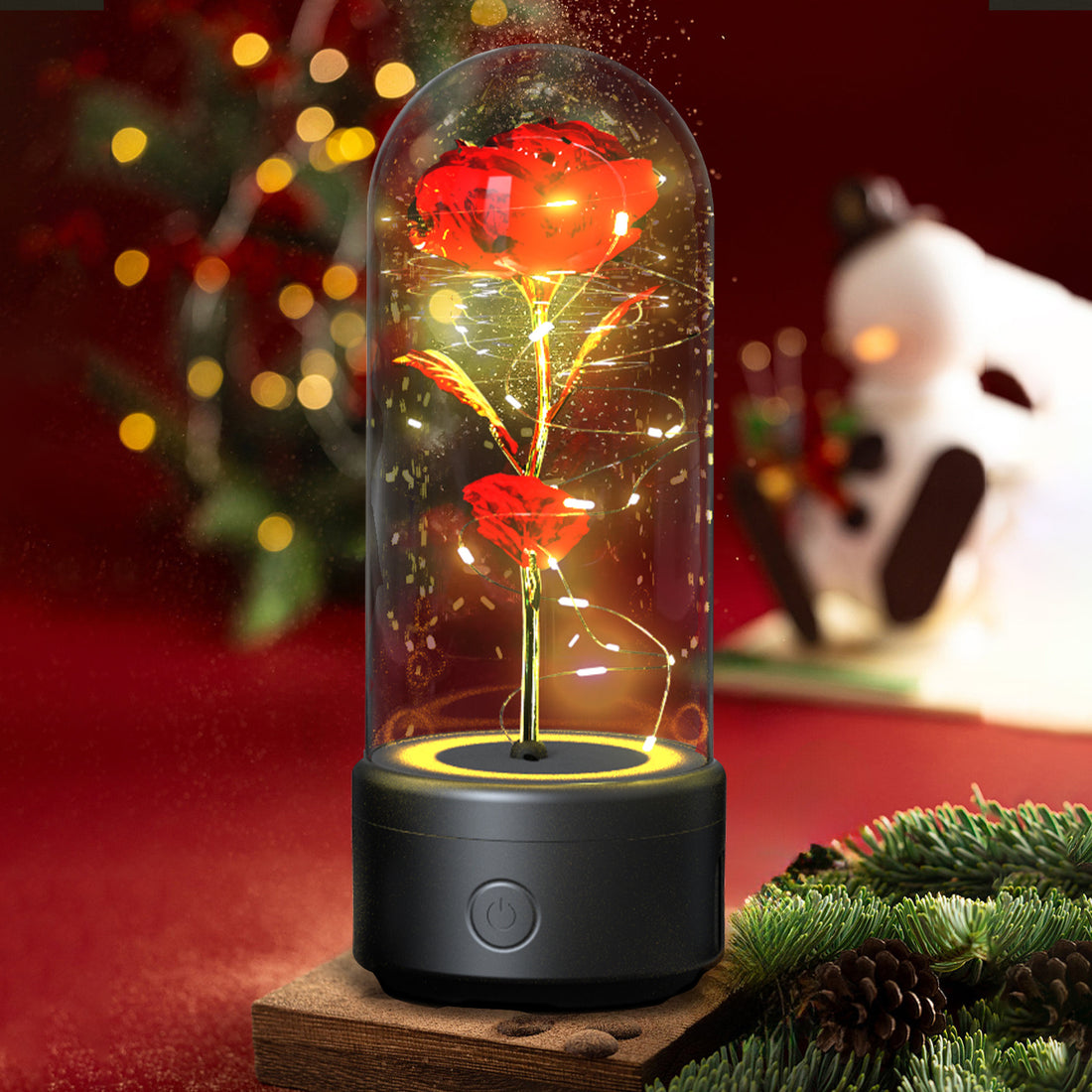 Creative 2 In 1 Rose Flowers LED Light And Bluetooth-compatible Speaker Valentine's Day Gift Rose Luminous Night Light Ornament In Glass Cover - AMAZEALL