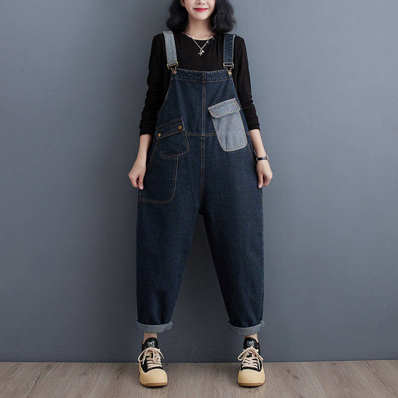 Cowboy overalls cropped pants women's age reducing loose wide leg jumpsuit - AMAZEALL