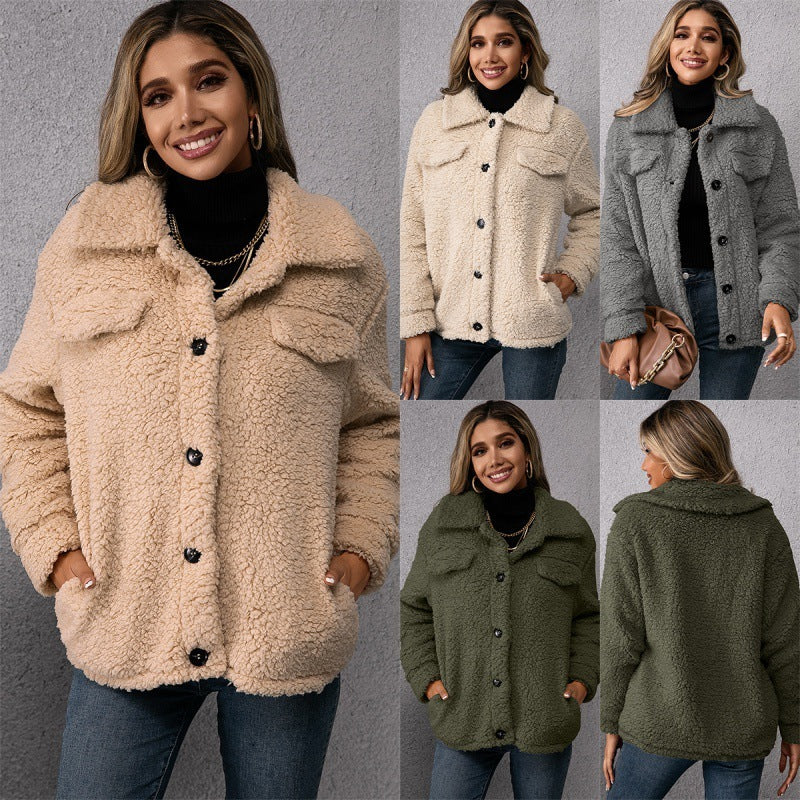 Loose Casual Lapel Plush  Jacket Lamb Fleece Coat - AMAZEALL