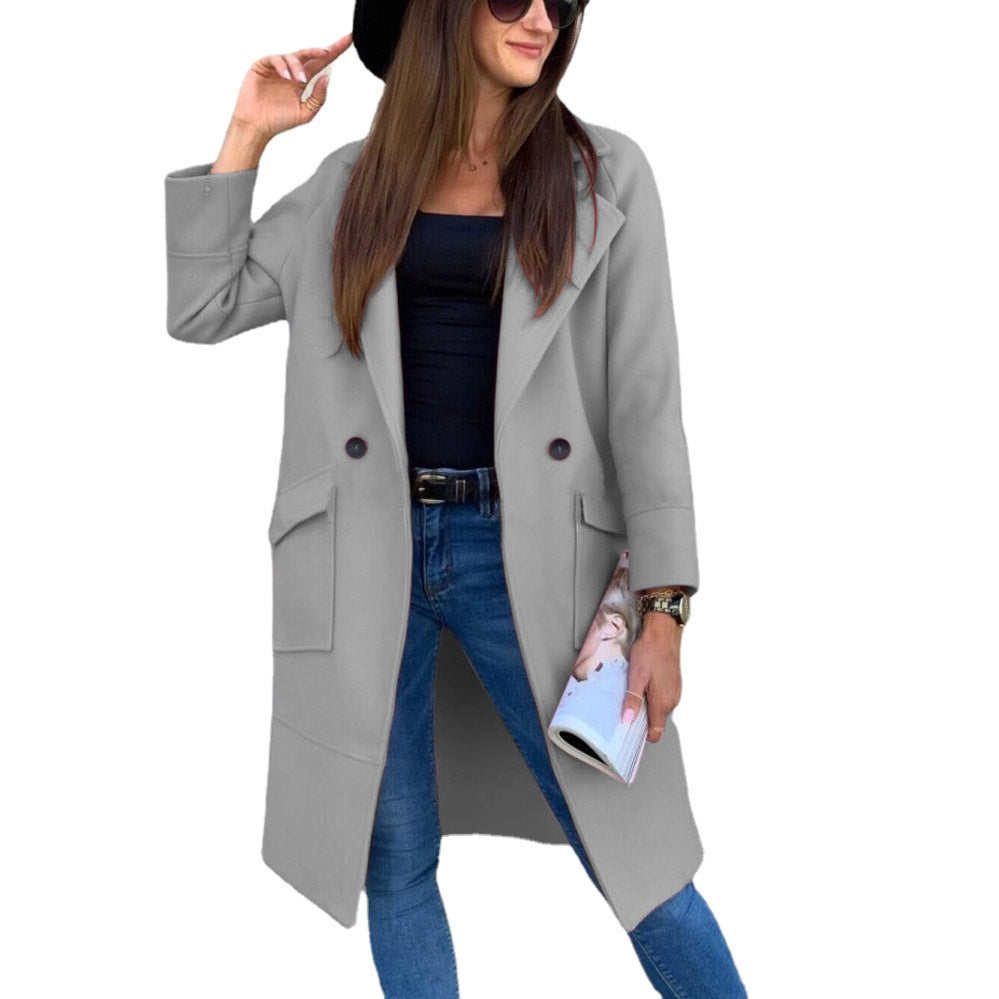 Autumn And Winter Solid Color Long-sleeved Suit Collar Button Pocket Wool Coat - AMAZEALL