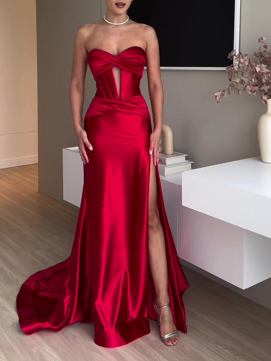 Tube Top Slit Red Extra Long Evening Dress - AMAZEALL