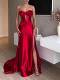 Tube Top Slit Red Extra Long Evening Dress - AMAZEALL