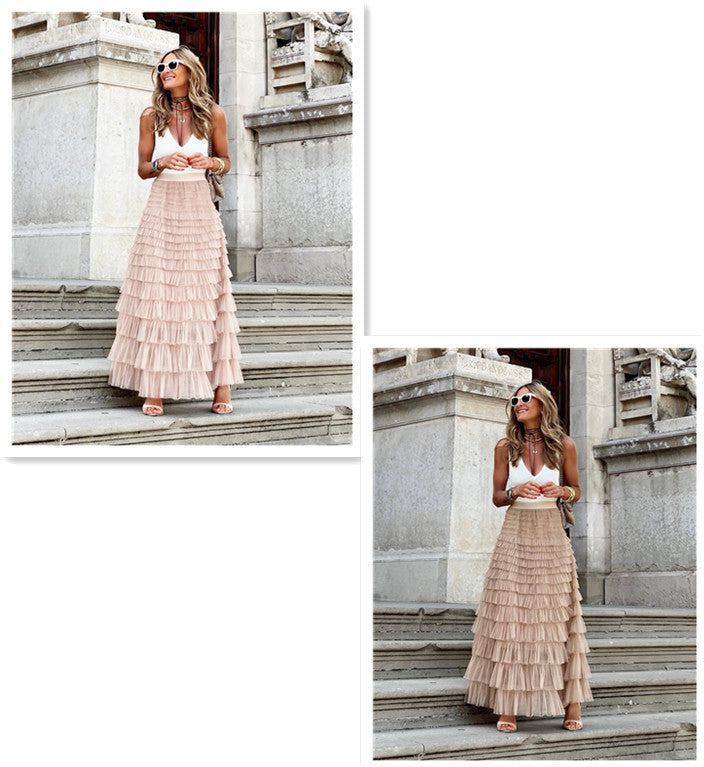 Layered Ruffles Cake Skirt Summer Fashion A Line Swing Mesh Long Skirt Party Dress Women - AMAZEALL