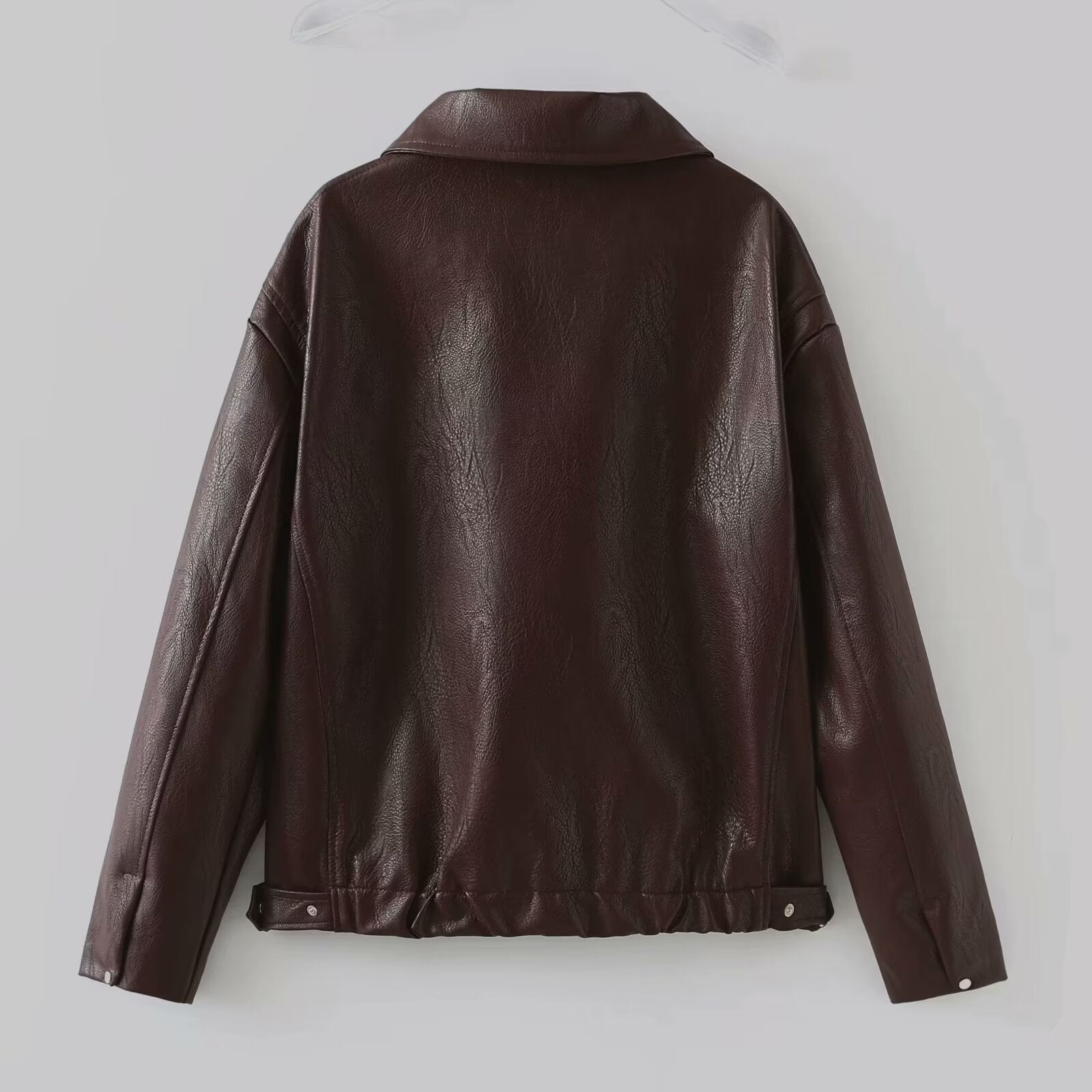 Solid Color Lapel Zipper Jacket Fashion Casual Long Sleeve Leather Coat Tops Women Clothing - AMAZEALL