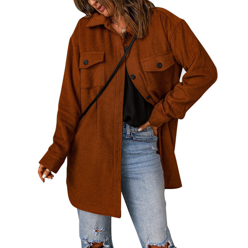 Women's Corduroy Solid Color Single Breasted Casual Lapel Woolen Jacket - AMAZEALL